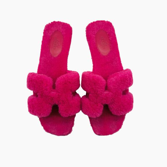 Hermes Oran Teddy Shearling Fur Pink Slide Sandal Size 38 - Picture 1 of 8